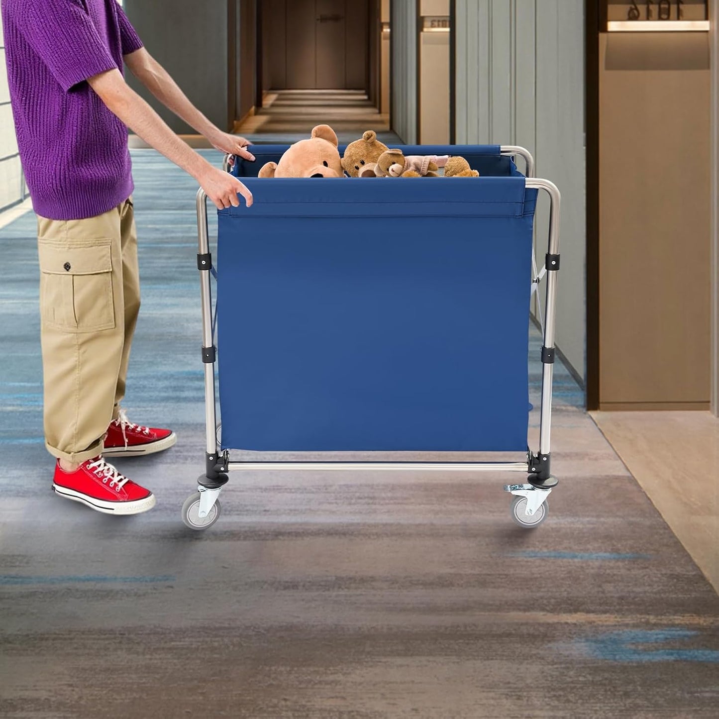 Commercial Laundry Cart with Wheels,Folding Laundry Hamper Cart,Heavy Duty Rolling Basket with Large Capacity,Sorter Trolley for Home Hotel Apartment (Blue, 34.25 * 19.7 * 36.22in)