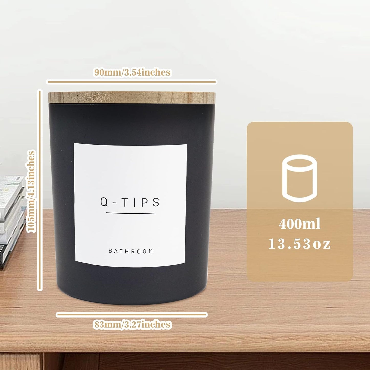 3PCS Modern 13.53oz Black Bathroom Canisters with 12 Labels & Wooden Lid Thick Glass Jar Set Qtip Holder for Cotton Ball & Pads Storage Organization Minimalist Decor