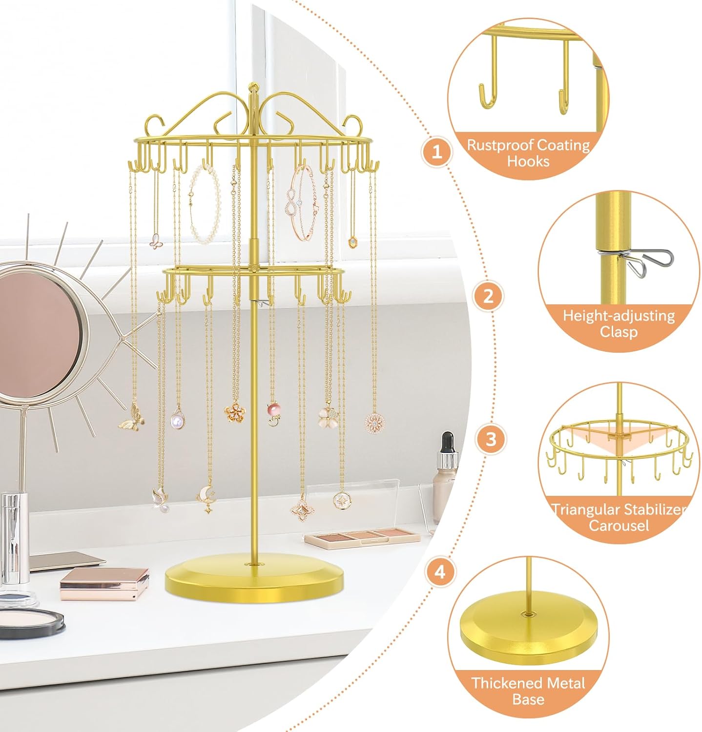 iDavosic.ly 2 Tier Rotating Necklace Holder Organizer with 42 Hooks, Adjustable Metal Bracelet Display Stand Rack, Extra Tall Keychain Spinning Tree Tower for Women, Gold