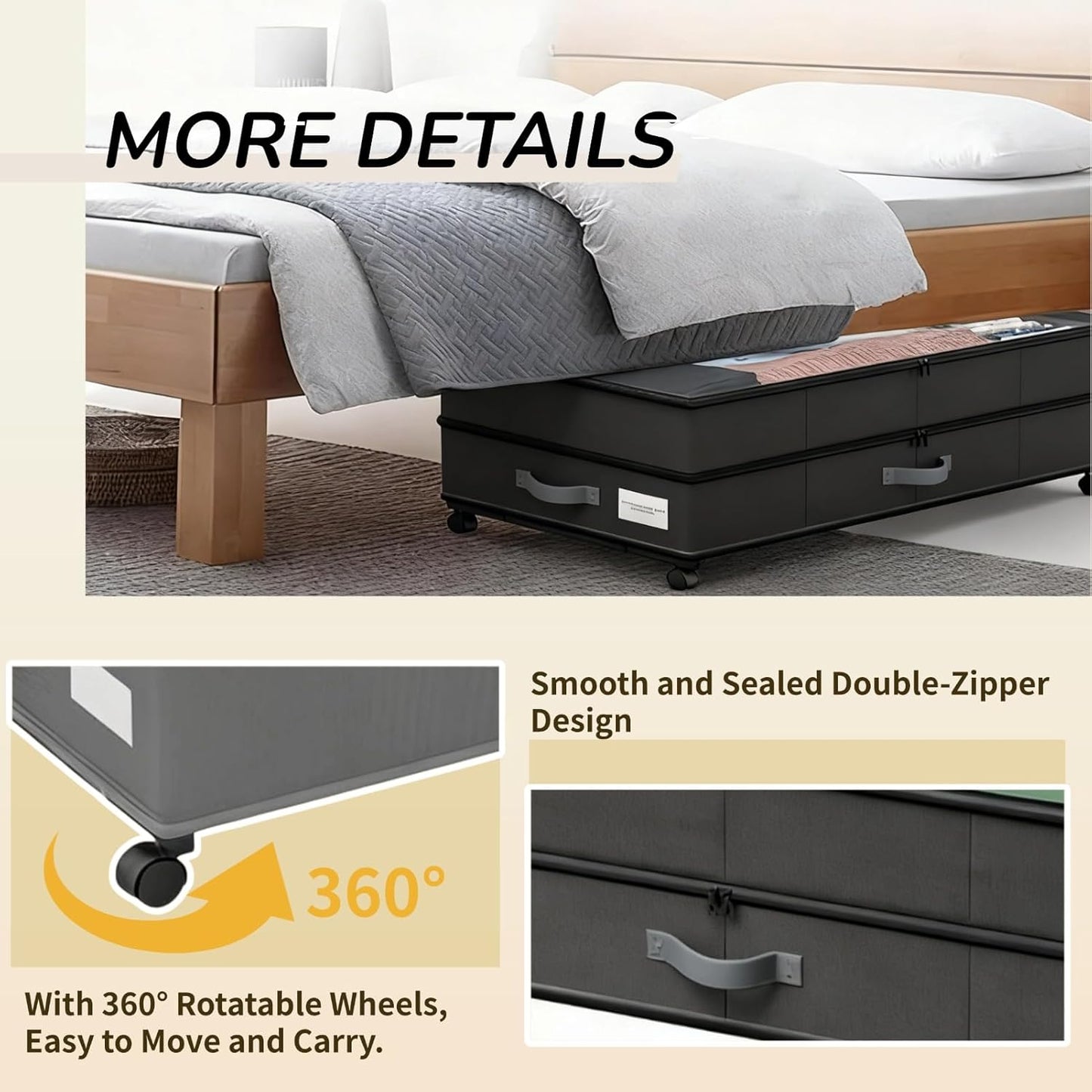 Under Bed Storage with Wheels, 72L Large Capacity Adjustable Height Underbed Storage Drawers with Lid & 360° Wheels, Rolling Storage Container for Clothes, Shoes, Blankets, Comforters