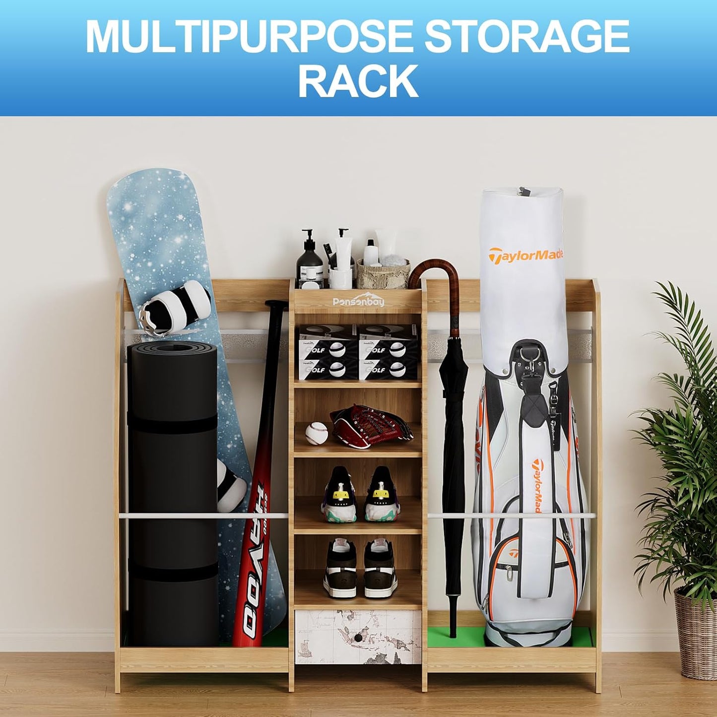 Golf Bag Storage Organizer for Garage, Premium Wooden 2 Golf Bags Rack with Drawer, Easy Assemble Golf Club Stand/Holder Suitable for Garage Home Simulator and Office
