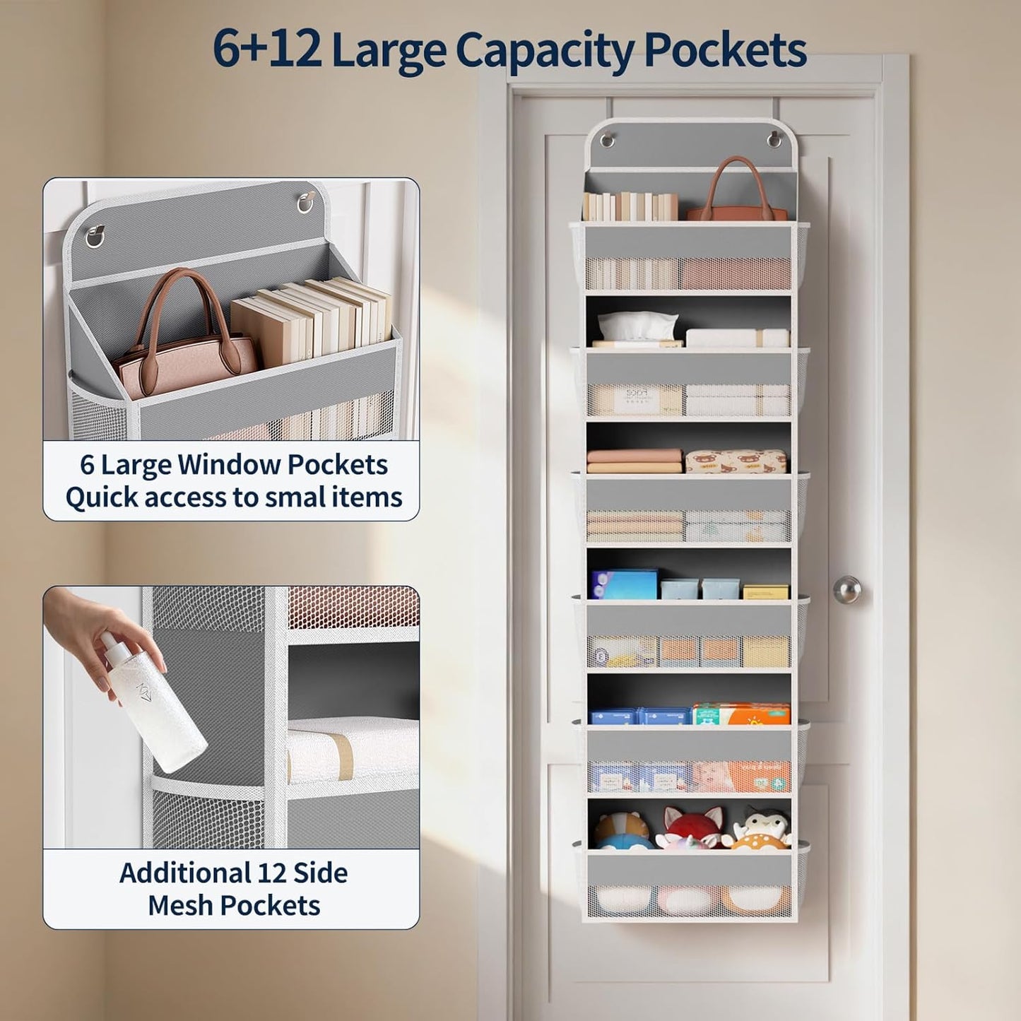 Yecaye 3 Pack Over The Door Organizer, 6-Tier Closet Door Hanging Organizer with 12 Mesh Pockets, Bathroom Organizers and Storage, Ultra Sturdy Large Capacity Over Door Storage Newborn Baby Essentials