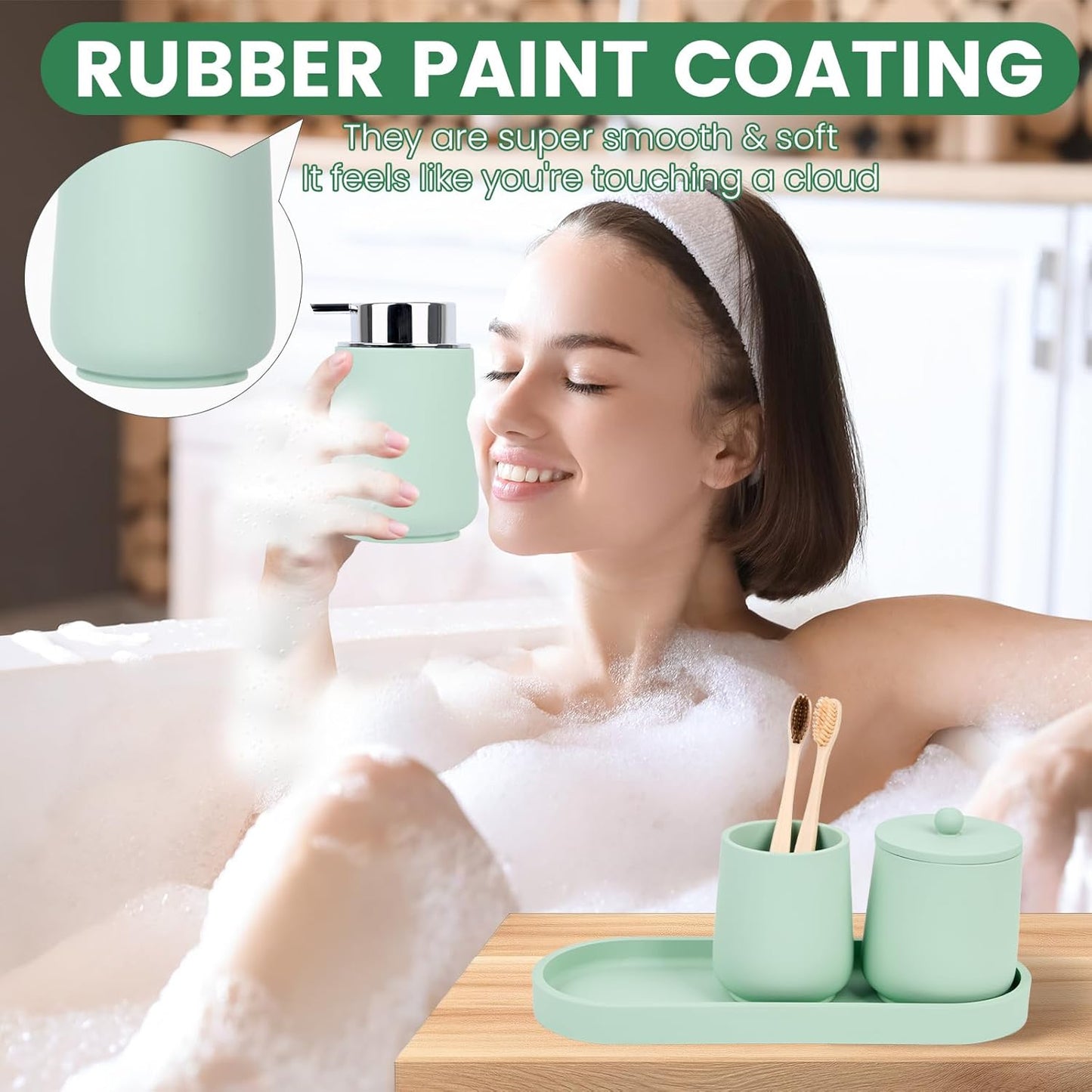 Green Bathroom Accessories Set - 4 Pcs Bathroom Accessory Set with Toothbrush Holder,Lotion Soap Dispenser,Qtip Holder Dispensr & Vanity Tray,Bathroom Countertop Vanity Oganizer - Green