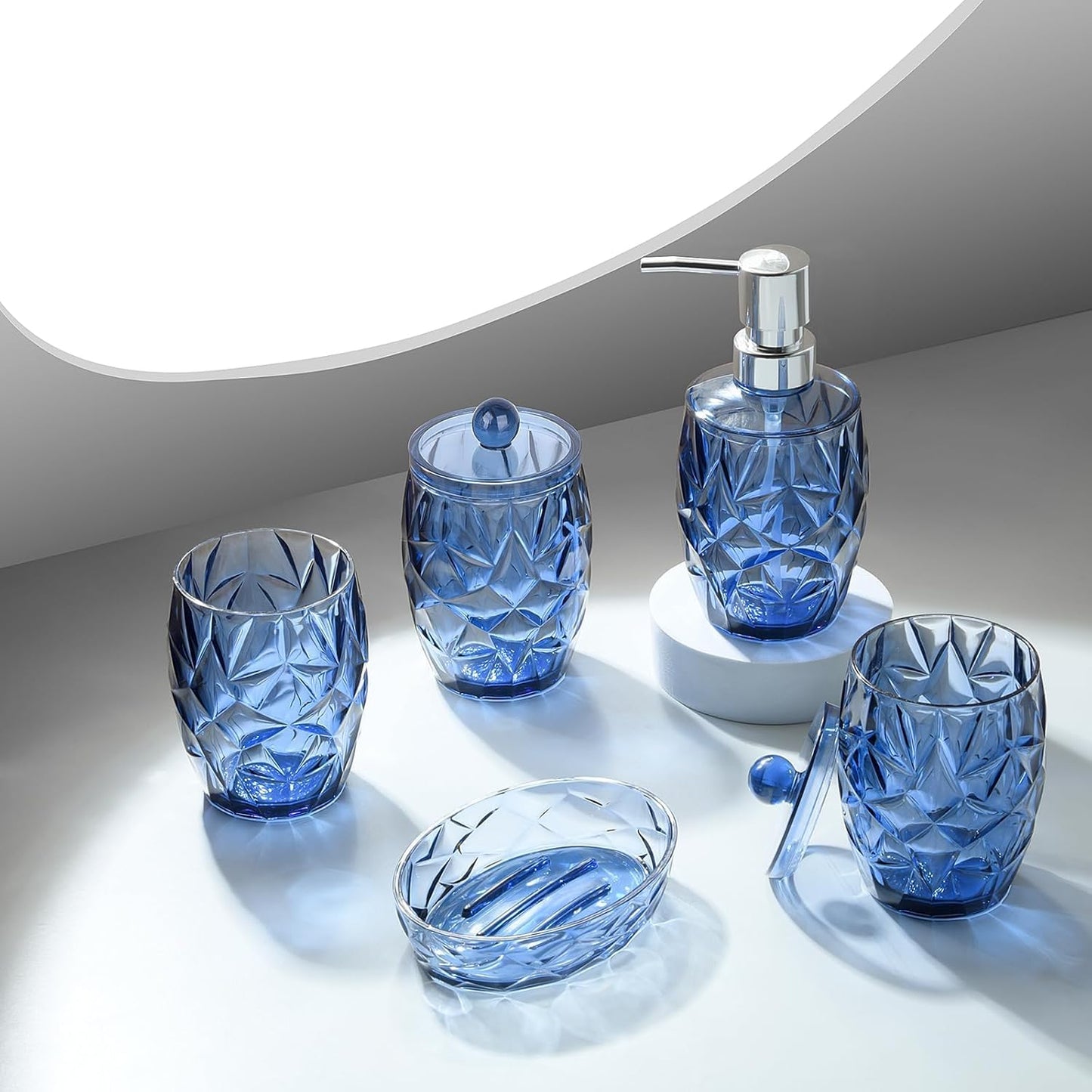Modern Shatterproof Acrylic Cobalt Blue Bathroom Accessories Set – 5-Piece Glass-Free Vanity Set with Soap Dispenser, Toothbrush/Makeup Brush Holder, 2 Cotton Jars with Lids, and Soap Dish