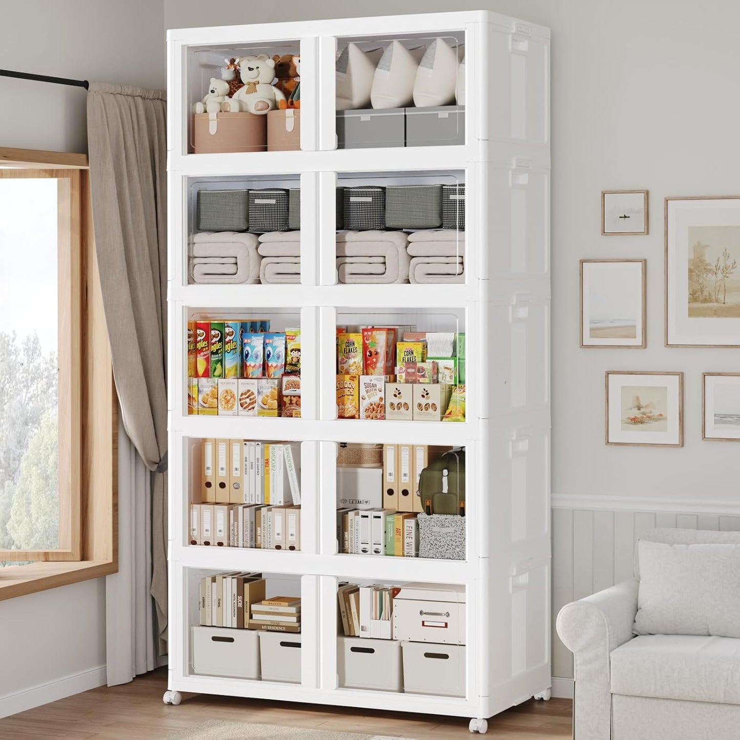 600Qt Stackable Storage Bins with Lid and Wheels, 150Gal Plastic Closet Organizer and Storage Drawer, Large Collapsible Storage Box Cabinet with Clear Door for Home Kitchen Office, 5Pack White