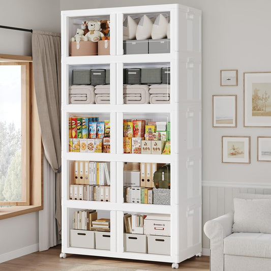 600Qt Stackable Storage Bins with Lid and Wheels, 150Gal Plastic Closet Organizer and Storage Drawer, Large Collapsible Storage Box Cabinet with Clear Door for Home Kitchen Office, 5Pack White
