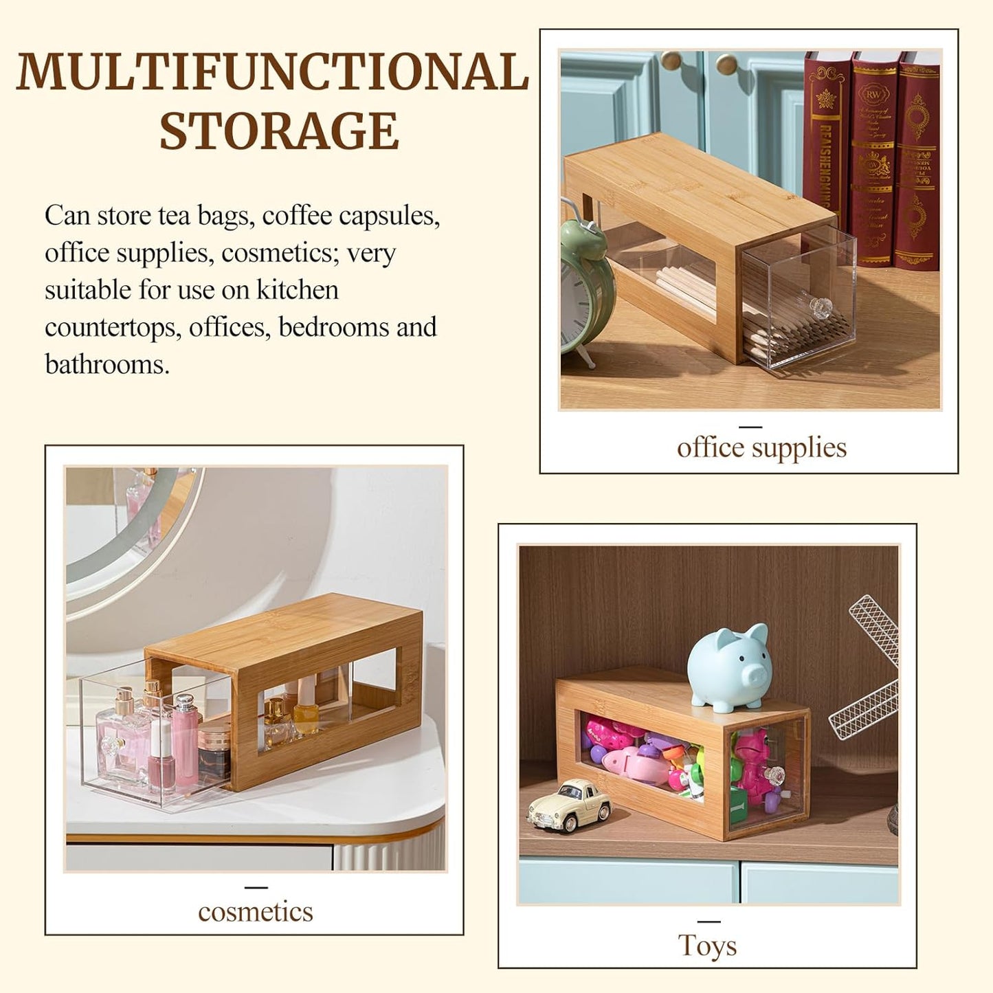 2 Pcs Bamboo Tea Bag Organizer Drawer Stackable Tea Bag Holder and Organizers, Wooden Storage Containers with Acrylic Drawer, Well-Organized for Office Kitchen Countertop Cabinet Pantry