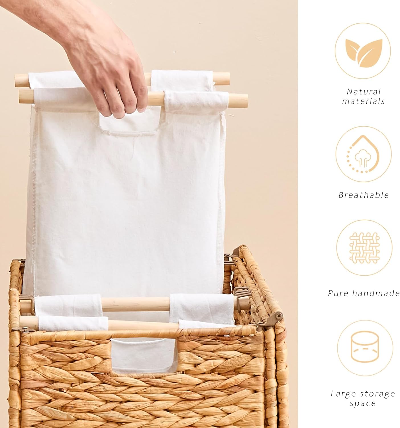 Handwoven Large Laundry Hamper with Lid and 2 Removable Liner Bags, Heightened Feet Natural Hyacinth Clothes Hamper,Wicker Laundry Basket for Clothes and Towels