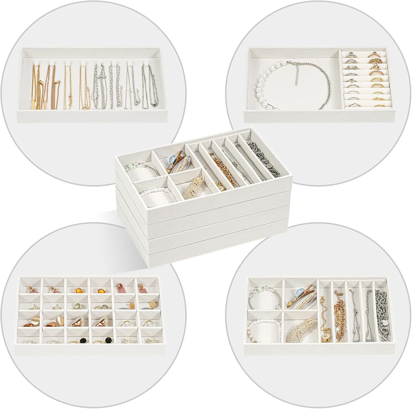 ProCase Stackable Jewelry Organizer Trays for Drawers, Jewelry Drawer Inserts Container Display Case Storage for Earring Necklace Rings Bracelet with Removable Dividers -Warmwhite, 4 Layers