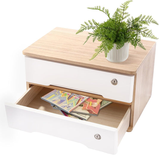 2-Tier Desktop Storage Box with Lockable Drawer, Wooden Desk Organizer for Office Supplies, Flat File Cabinet, Minimalist Design for Home & Office Use(Original Wood+White)