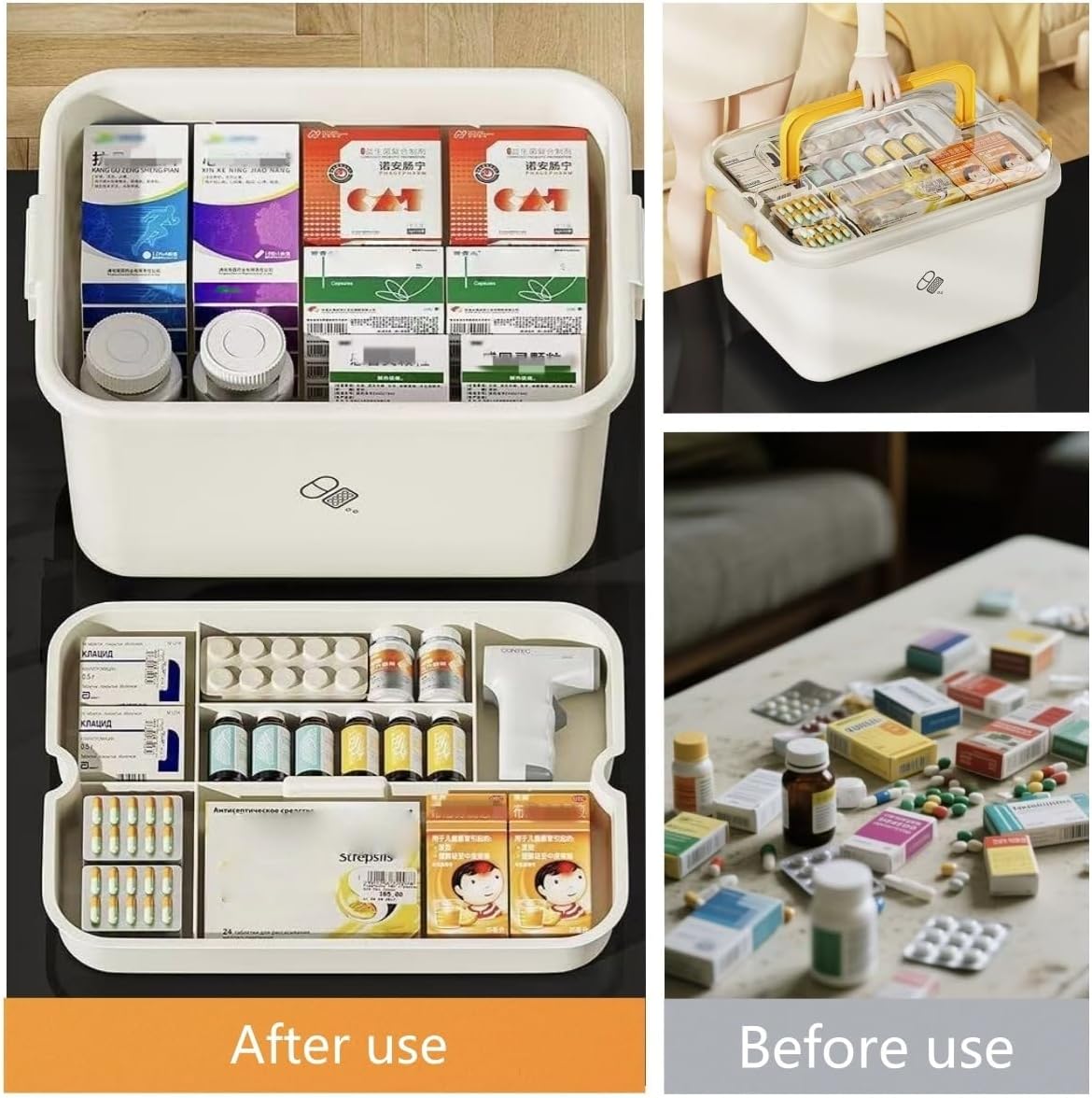 Plastic Medicine Storage Organizer & First Aid Box, Medicine Box with Handles, Multipurpose Medical Supply Organizer with Removable Tray for Home, Office & Travel（small）