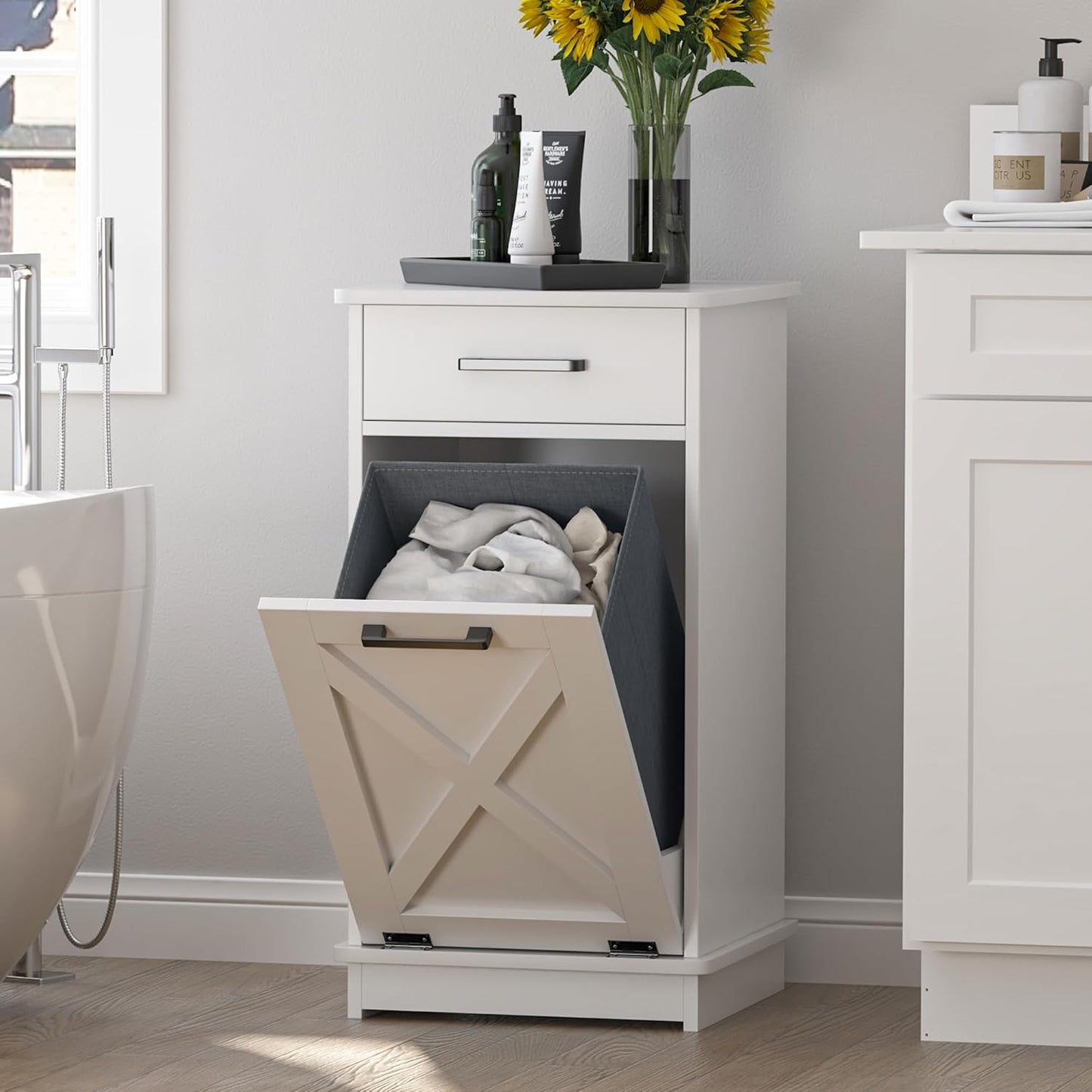 White Tilt Out Laundry Hamper Cabinet Hidden Laundry Hamper with Drawers and Baskets for Bathroom Hamper Cabinet with Storage for Kitchen Living Room,16x16x30in（Barn door panel）