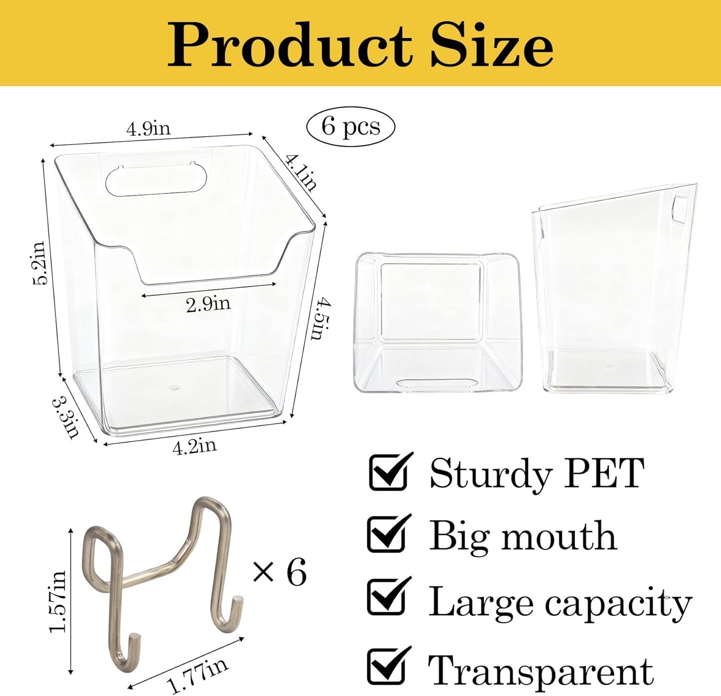 Klmnop 6 Pack Large Grid Wall Bins with Hooks, Clear Gridwall Cups Storage & Organizer for Wall Grid Panels, Garage, Kitchen, Office Tools Shelves Accessories(Clear)