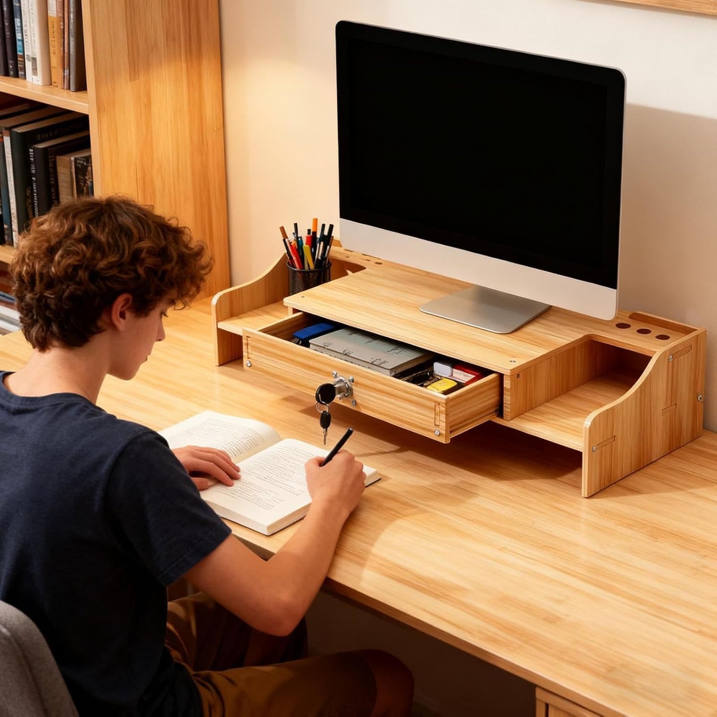 Desktop Computer Elevated Stand 48.8x20x10.5cm, Wooden Monitor Riser with Drawer, Organizer Shelf for Laptop, Printer, PC, TV Screen, Home, Dorm, Office