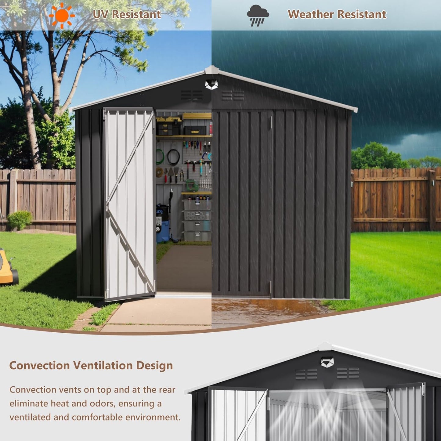 10x14 FT Outdoor Storage Shed, Metal Garden Shed - Tool Storage Sheds with Lockable Doors, Waterproof Outside Storage Building for Backyard, Patio (Black; Floor Not Included)