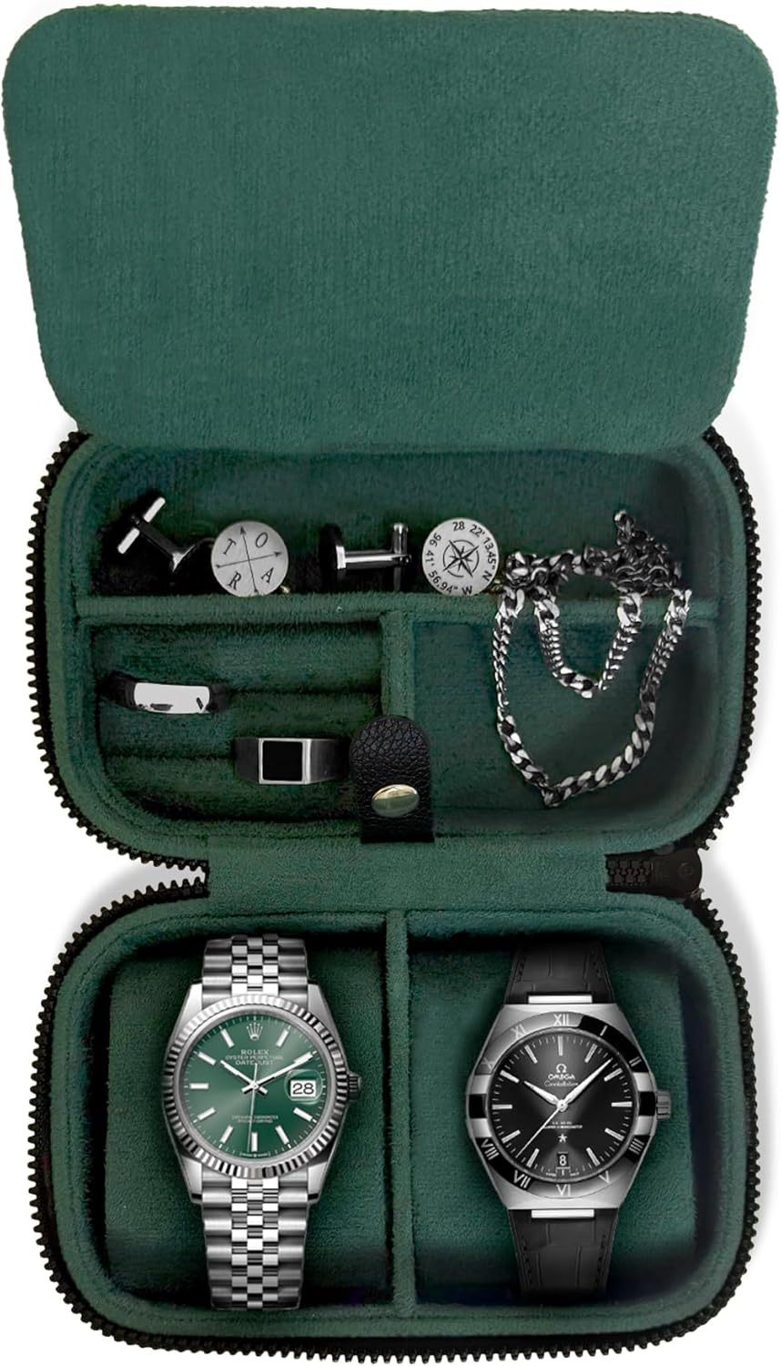 Galis Luxury Watch Travel Case for Men High End Portable 2-Slot Watch Holder and Watch Case, Premium Watch Box for Men, Jewelry Storage Organizer, Gift for Him, Fathers, Husband (Black & Green)