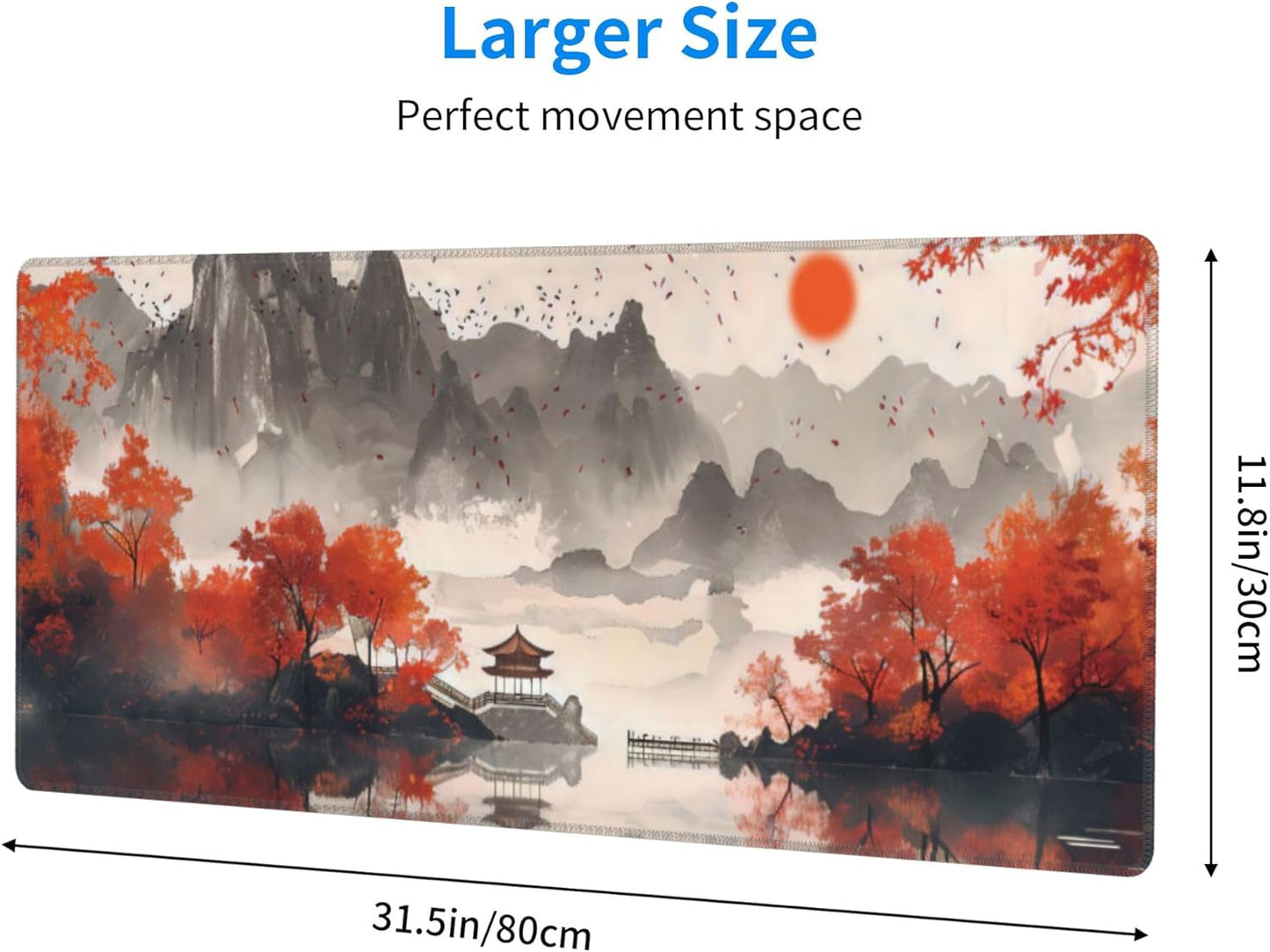 Autumn Landscape Ink Painting Large Mouse Pad, Japanese Anime Gaming Desk Mat, XL Keyboard Desk Pad Mat for Desktop, 31.5"x11.8" Non-Slip Base Big Mousepad with Stitched Edges