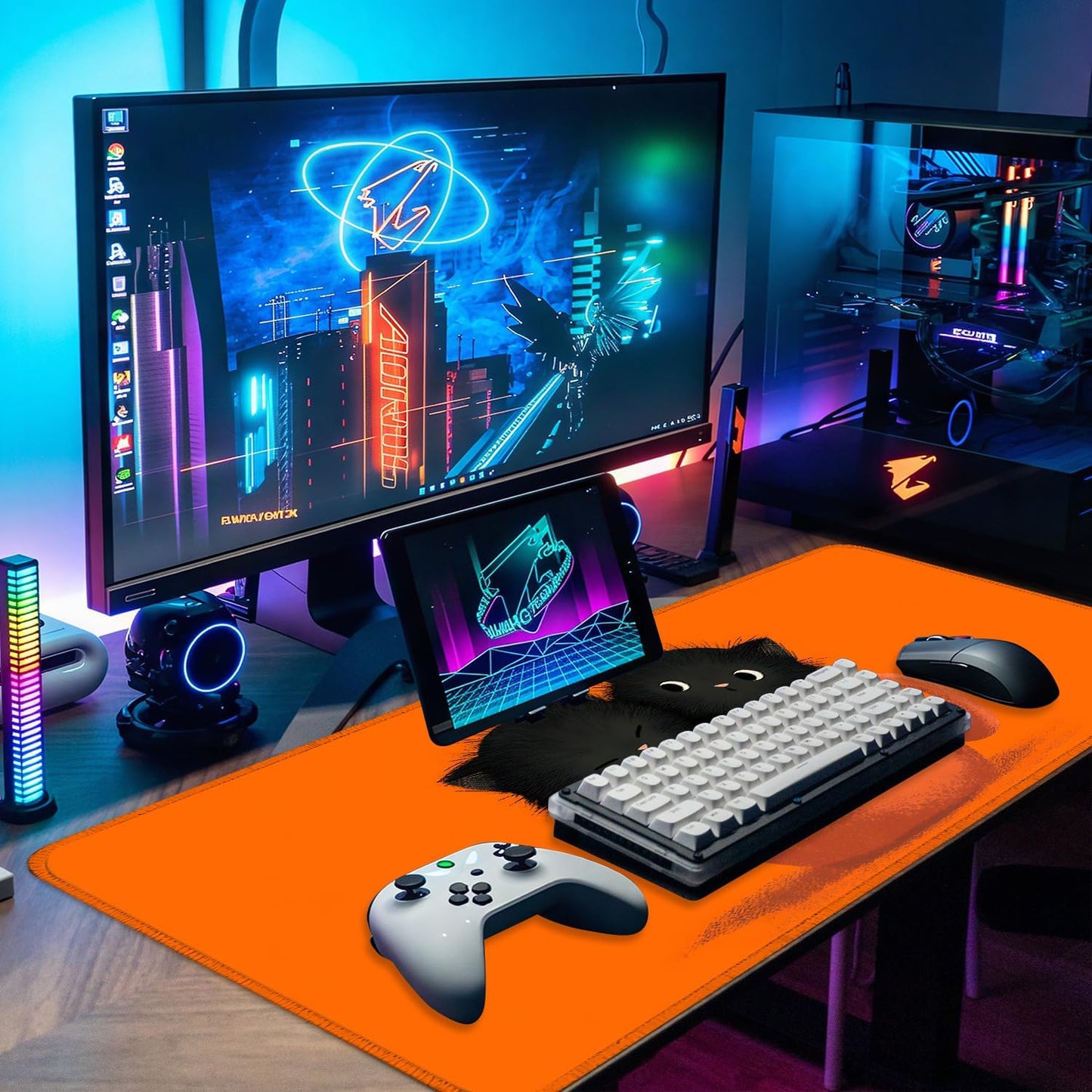 Large Cute Black Cat Mouse Pad, Extended Desk Mat with Non-Slip Base – 31.5 x 11.8 in – Cartoon Kittens in Orange Cup Design, Stitched Edges, Waterproof Gaming Keyboard Pad for Office & Home