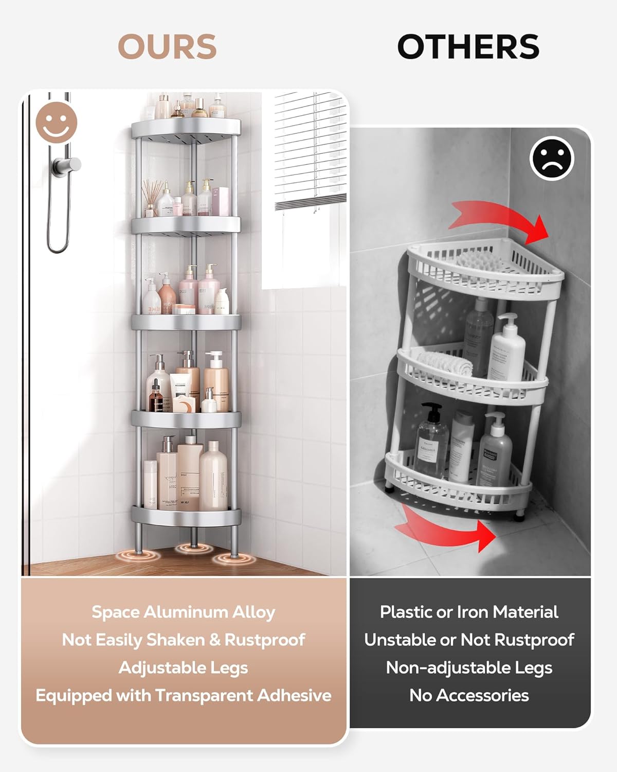 Nieifi Corner Shower Caddy Stand-5 Tier Rustproof Anodized Aluminum Standing Shower Organizer-Shower Caddy Corner-Dual Stability to Anti-Shaking-Height-Adjustable Legs for Uneven Surfaces-Silver