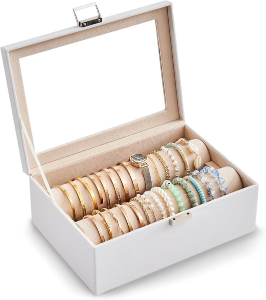 Lolalet Bracelet Display Holder with Rods for Bangles Watches, Clear Lid Jewelry Organizer Box Storage Case for Women Girls -White