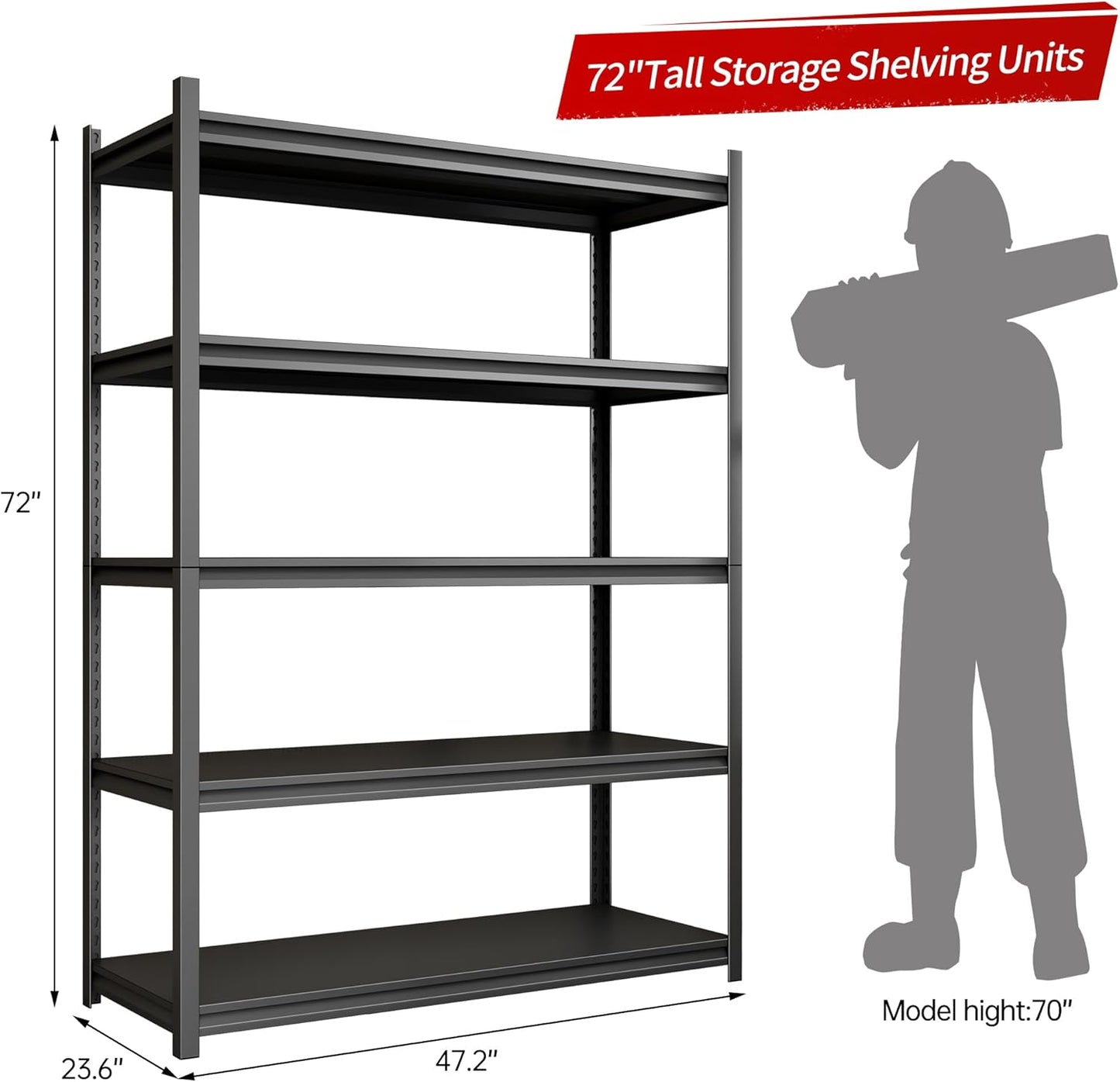 Metal Garage Shelving, Adjustable 5-Tier Heavy Duty Shelving, 3000 LBS Garage Shelving Unit and Storage，Heavy Duty Shelves for Basement,Warehouse，Kitchen (23.6" D*47.2" W*72" H)