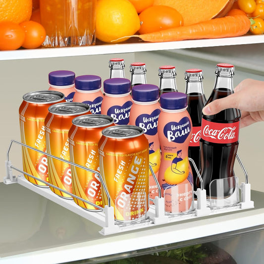asika Drink Organizer for Fridge, Adjustable Width Soda Can Dispenser for Refrigerator Organizers and Storage, 3 Rows Beer Bottle Beverage Holder with Pusher Glide (14.96" D, White)
