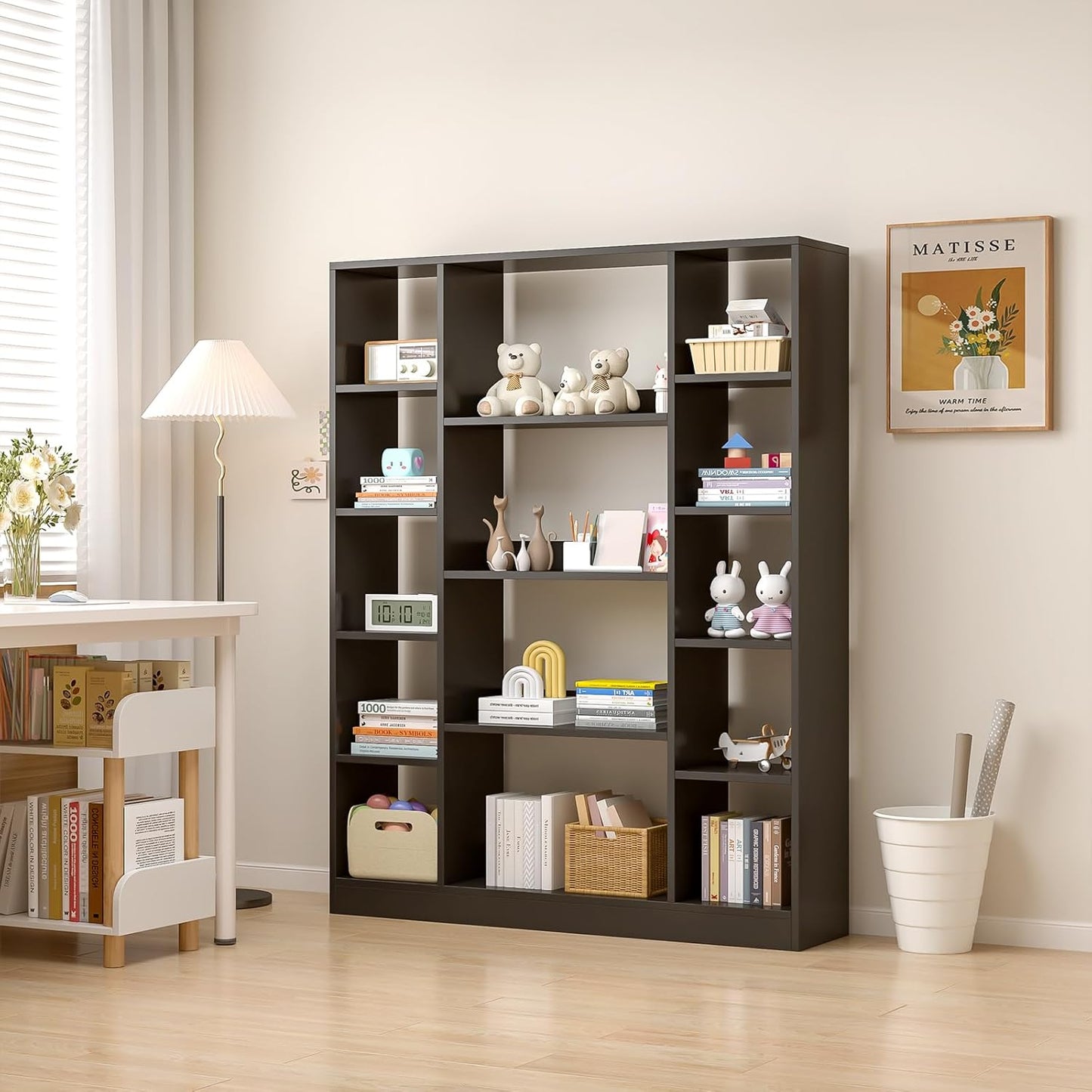 Cube Storage Bookcase with Base - Large Wooden Bookshelf with 10 Open Cubes and 4 Shelves for Home and Office, Freestanding Organizer, Black