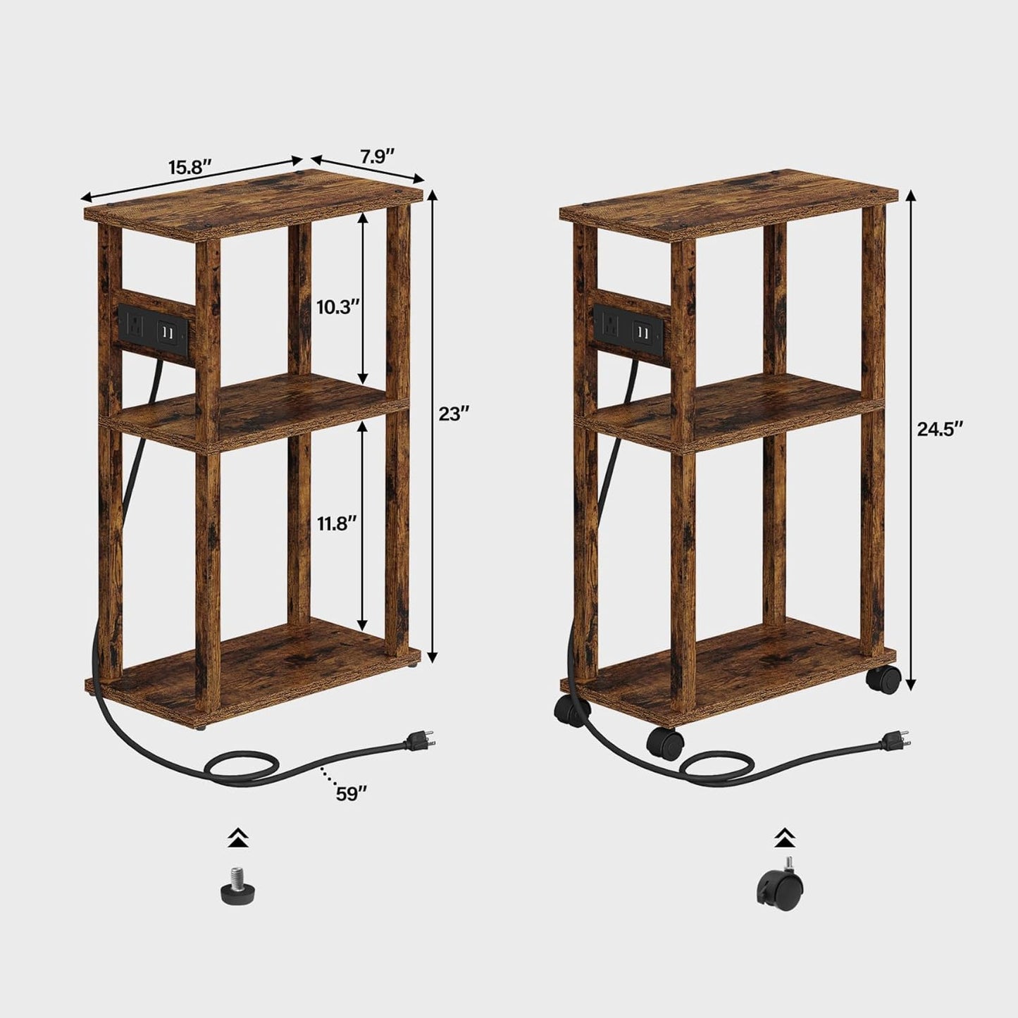 TUTOTAK Small Narrow Side Table with Charging Station, Skinny End Table for Small Spaces, Slim Nightstand with USB Ports and Outlet, Sofa Beside Table with Wheels, Rustic Brown TB01BB047C