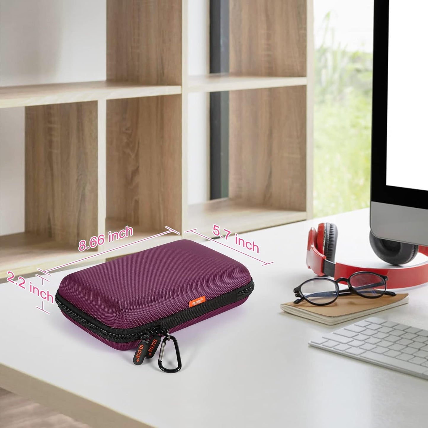 Deep Purple Carrying Case - GLCON Hard Storage Case Electronics Organizer Tech Pouch for Hard Drive, Power Bank, Cell Phone, Charger Enclosure - Portable Travel Pouch Bag with Carabiner