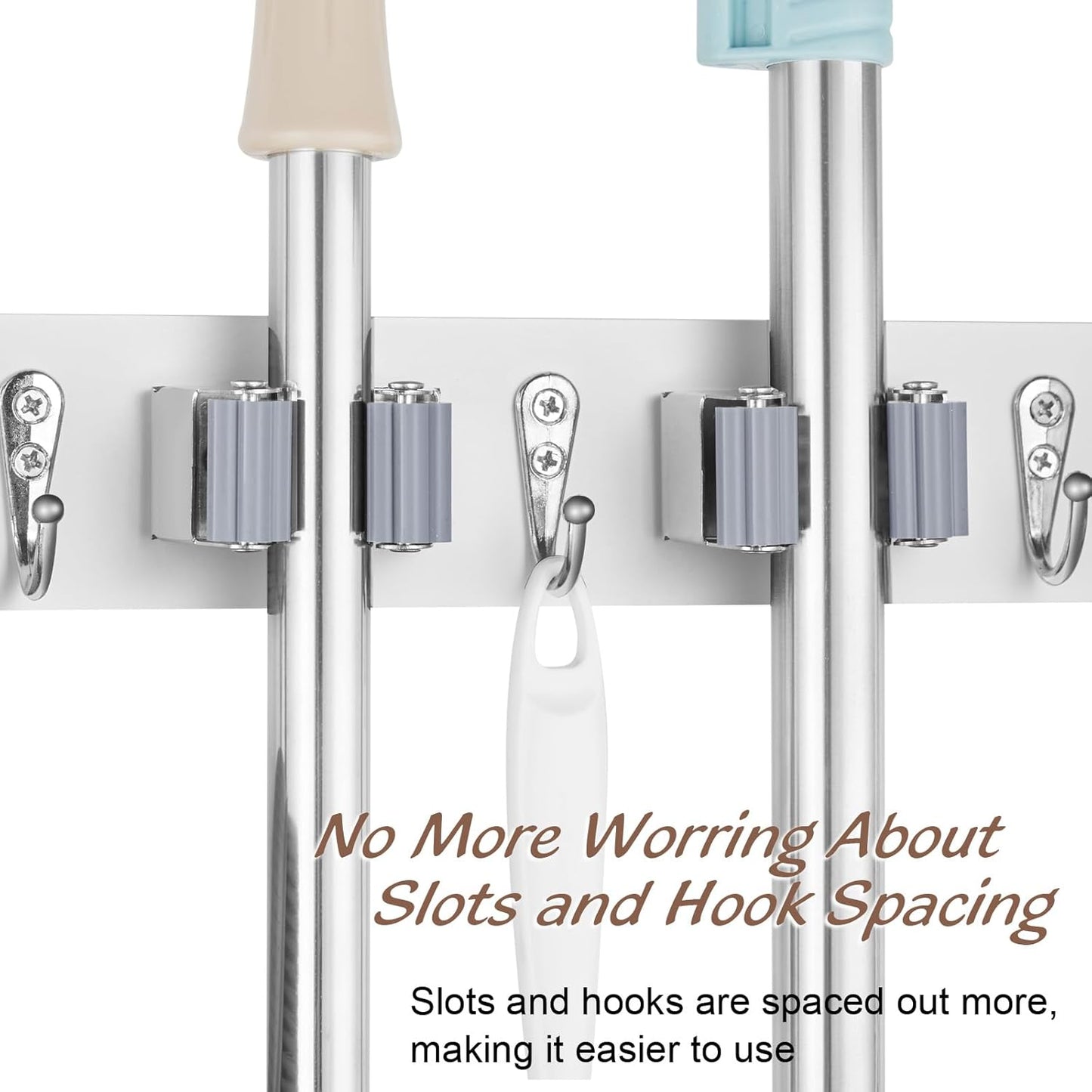 White Mop Broom Holder Wall Mount with 3 Slots & 4 Hooks - Wood Broom Mop Hanger for Pantry Kitchen Organization - Garden Tool Organizer for Closet Laundry Room
