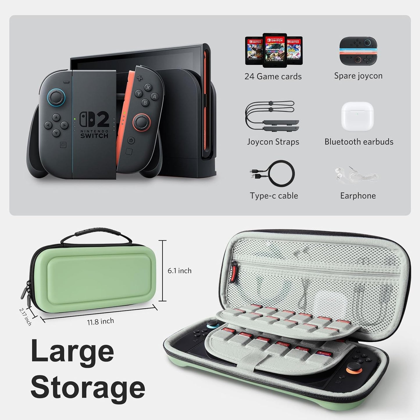 CoBak Large Capacity Carrying Case for Nintendo Switch 2 (2025) - 3 in 1 Accessories Bundle with 2 Screen Protectors, Thumb Grip Caps, 24 Game Cartridges, Hard Shell Portable Travel Pouch, Matcha