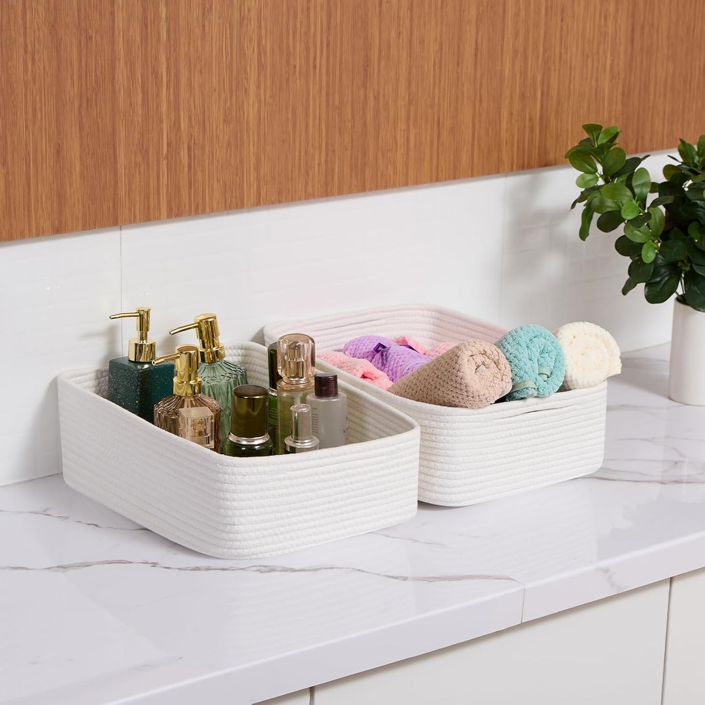 Large Shallow Organizing Baskets 15x11x5.1 Inches - Rope Woven Storage Bins for Bathroom, Shelves, Cube Closet, Off White 4 Packs