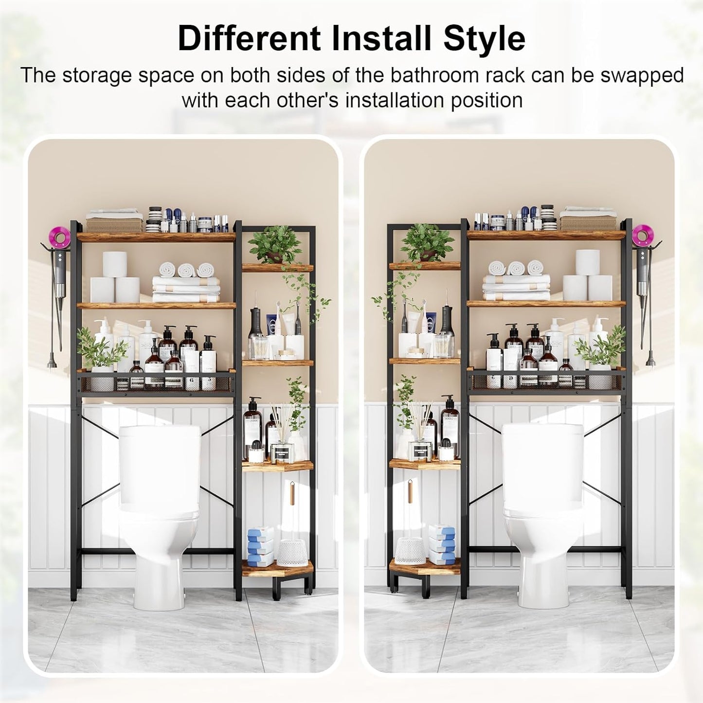K1 Heavy Duty 7-Tier Over The Toilet Storage（With Basket and Paper Hook）Freestanding Above Toilet Shelf with Adjustable Feet，Space Saver Bathroom Shelves 9.3"D x 33.5"W x 63.8"H，Rustic Brown