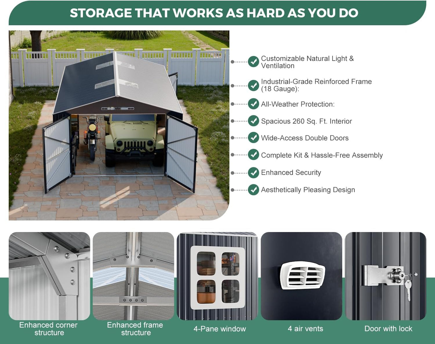 Metal Garage Shed, 13x20x8.5' Large Outdoor Storage Building and Workshop, Weatherproof Steel Carport with Ultra-Reinforced Truss System, Skylights Dual-Entry