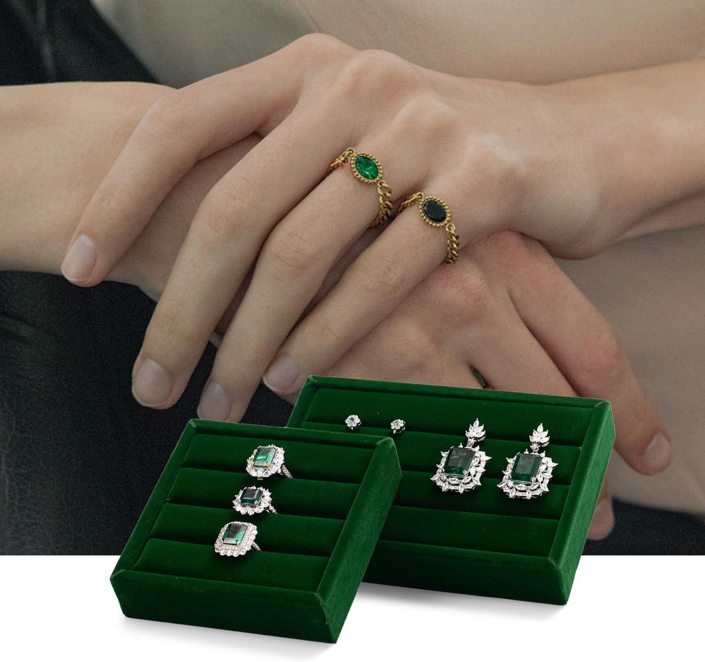 Oirlv 3 Slots Velvet Small Ring Organizer Earrings Trays Showcase Display Storage Insert Holder for Jewelry Box, Drawer, Dresser(Green,S)