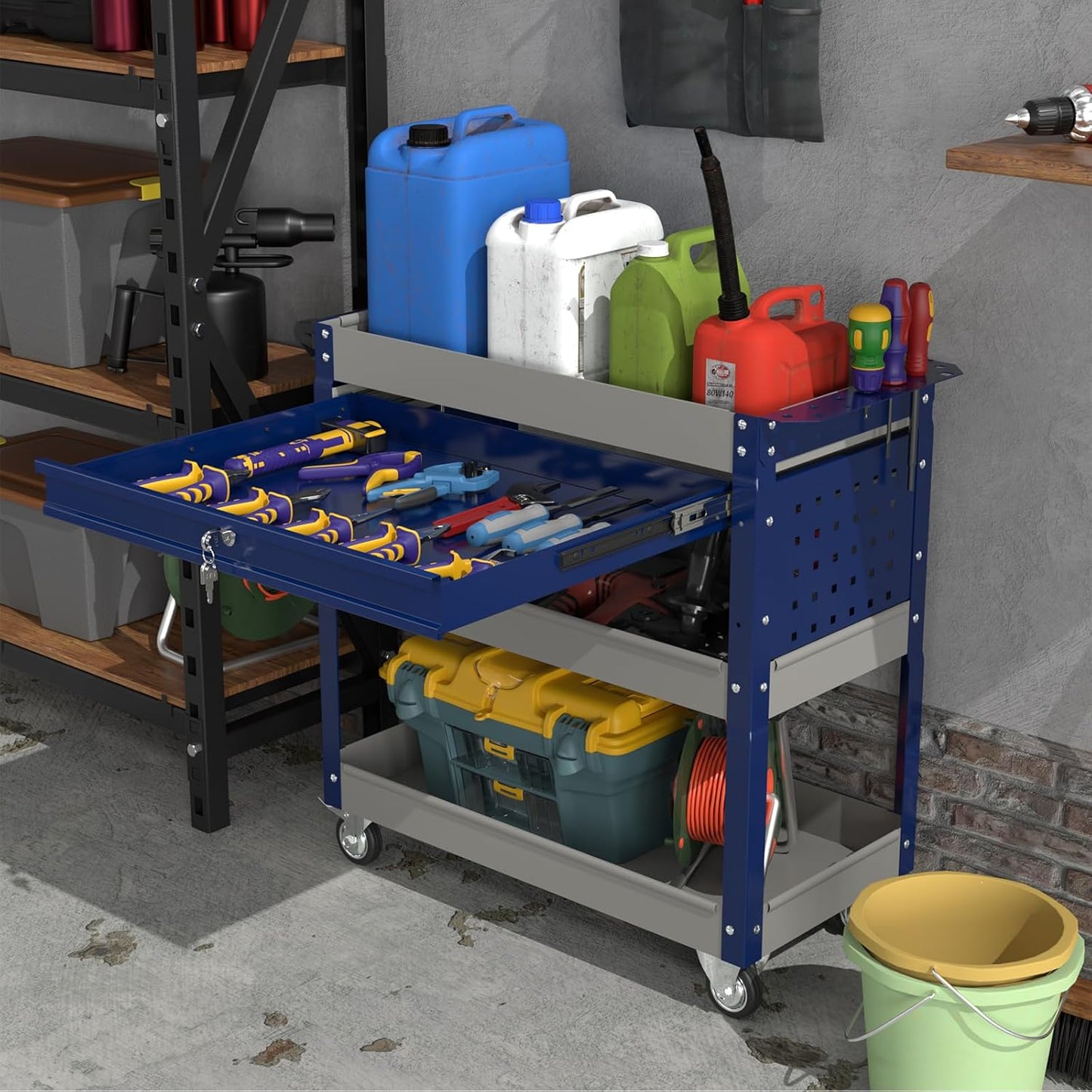 Heavy Duty 3 Tier Tool Cart, Mechanic Metal Rolling Tool Cart with Storage Drawers for Garage Workshop