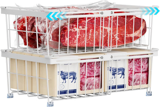 iSPECLE Freezer Organizer Bins - Fit 10 to 20 Cu Ft Chest Freezer, 2 Pack Large Expandable Stackable Deep Freezer Organizer Bins Sort and Easily Get Food without Digging in the Freezer, White