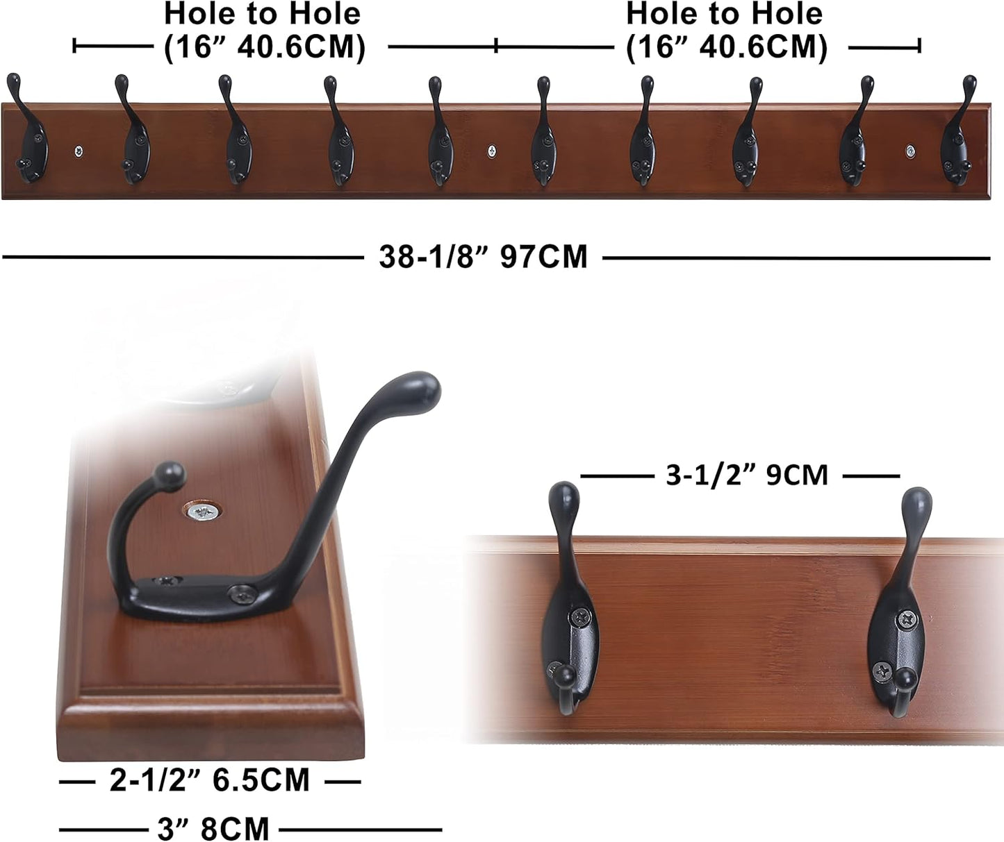 Dseap Coat Rack Wall Mounted: 10-Hooks, 16" Hole to Hole, 38-1/4" Long, Wood Coat Hooks Wall Mounted, Hook Rack, Hook Rail, Hooks for Hanging Coats, Brown & Black