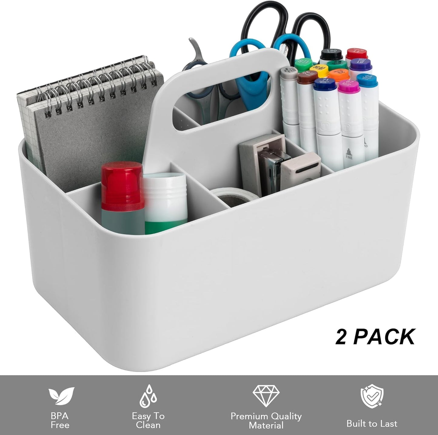 Tiawudi 2 Pack Caddy Organizer with Handle, Portable Plastic Caddy, Storage Organization for Cleaning, Bath, Makeup, Art, Craft, Stationery, Classroom and Office, Tote Organizer