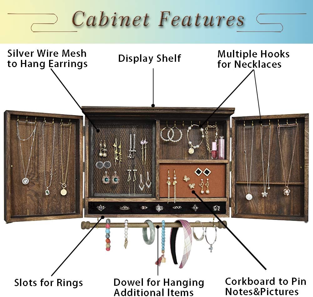 Rustic Wall Mounted Jewelry Organizer,Vintage Wooden Hanging Jewelry Holder Box with Barndoor Decor for Necklaces, Earings, Bracelets, Rings, Accessories. Includes Hook Organizer