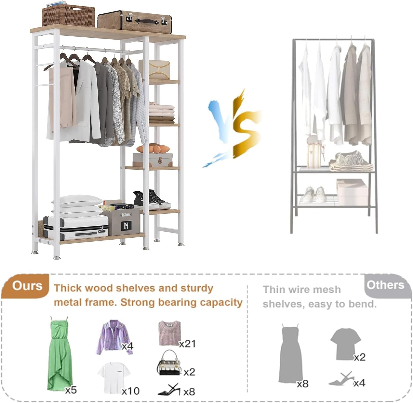 VECELO Open Garment Clothing Rack, Free-Standing Heavy Duty Storage Closet with 5 Shelves and Hanging Rod for Small Spaces, Max Load 350LBS, White Oak