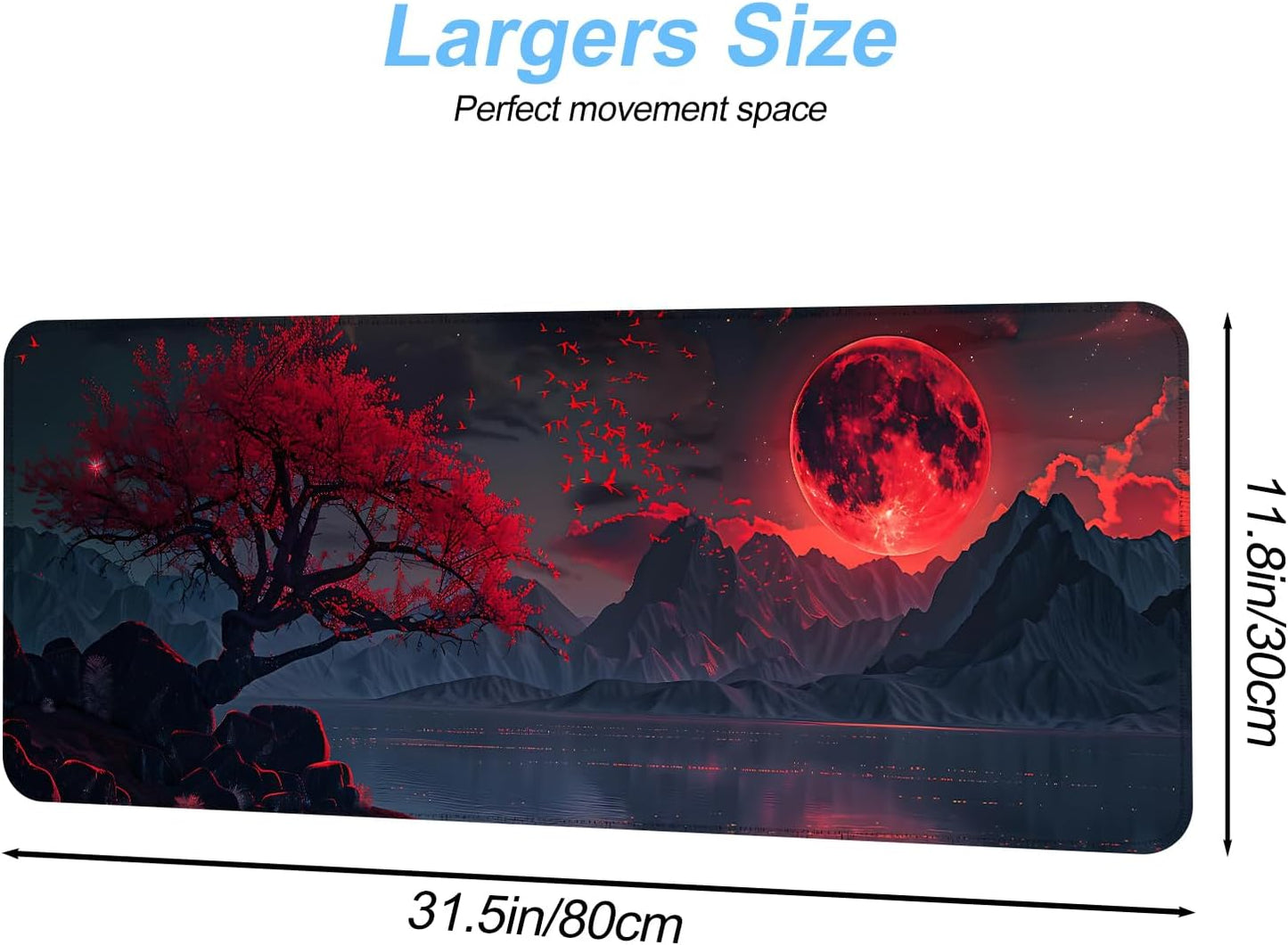 Red Moon Mouse Pad XXL – Large Gaming Desk Mat with Dark Mountain Landscape & Sakura Tree, Extended Mousepad with Non-Slip Base for Office, Gamer Setup,31.5 x 11.8 in