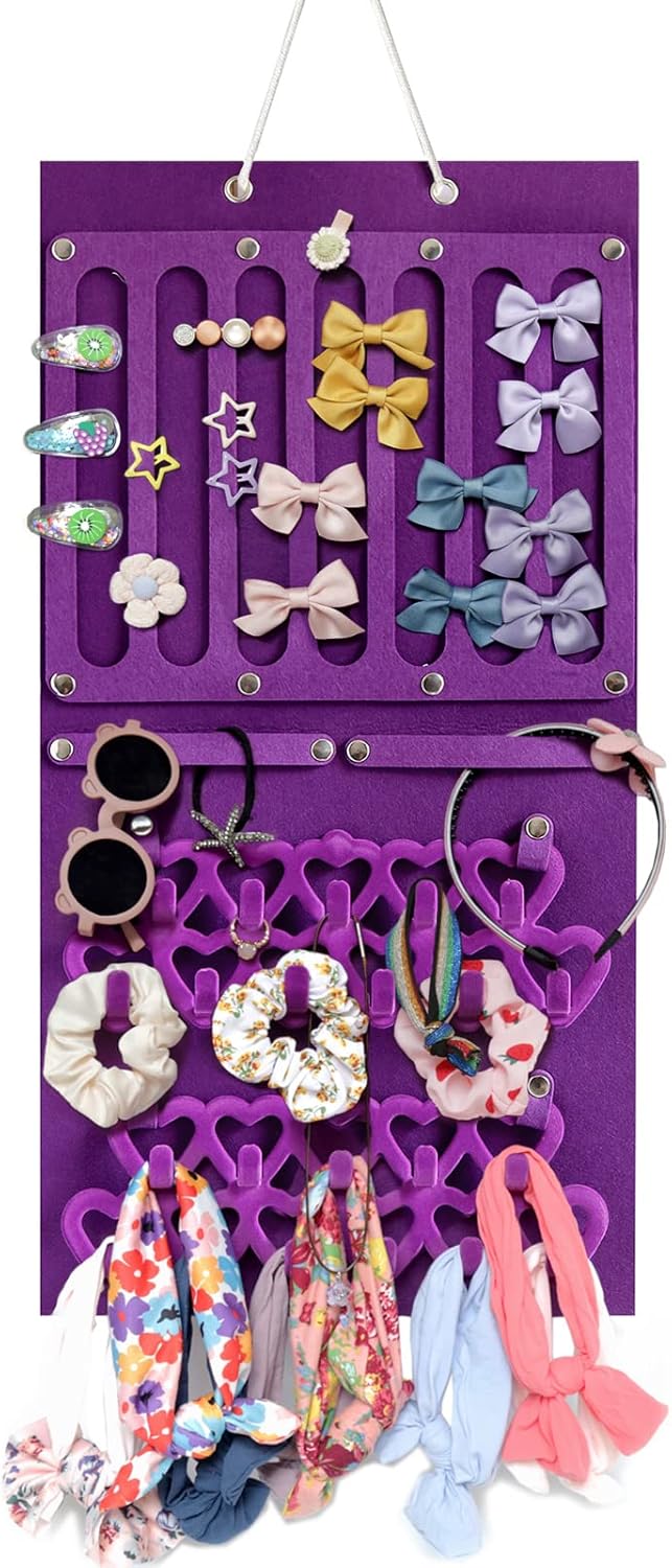 Storage Holder Display Board Felt Wall Hanging Jewelry Organizer with Detachable hooks Headband Holder for Girls Hair Clips Hair Ties Earrings Necklace Home Decor Purple