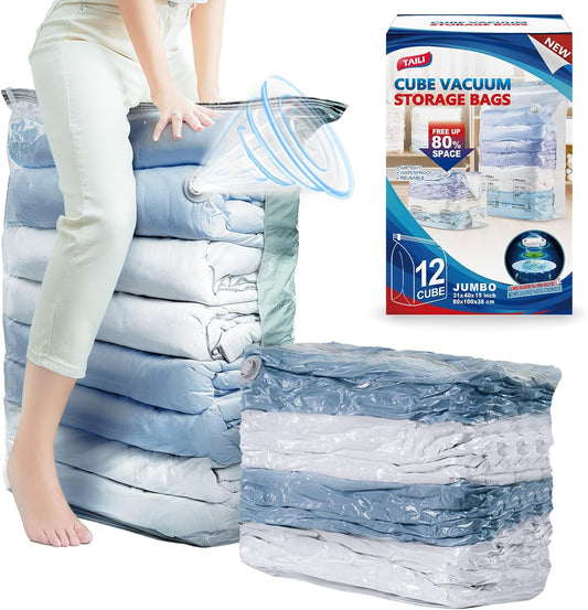 TAILI 12 Pack Vacuum Storage Bags, Jumbo Cube Space Saver (31x40x15 Inch), Large Vacuum Seal Bags for Comforters Blankets Bedding, Closet Organizer, Cream