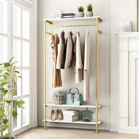Gold Wall Clothing Racks with White Shelves, Wall Mounted Gold Clothes Rack for Hanging Rods，Heavy Duty Industrial Pipe Clothing Racks With Shelves Retail Display Garment Rack for Home