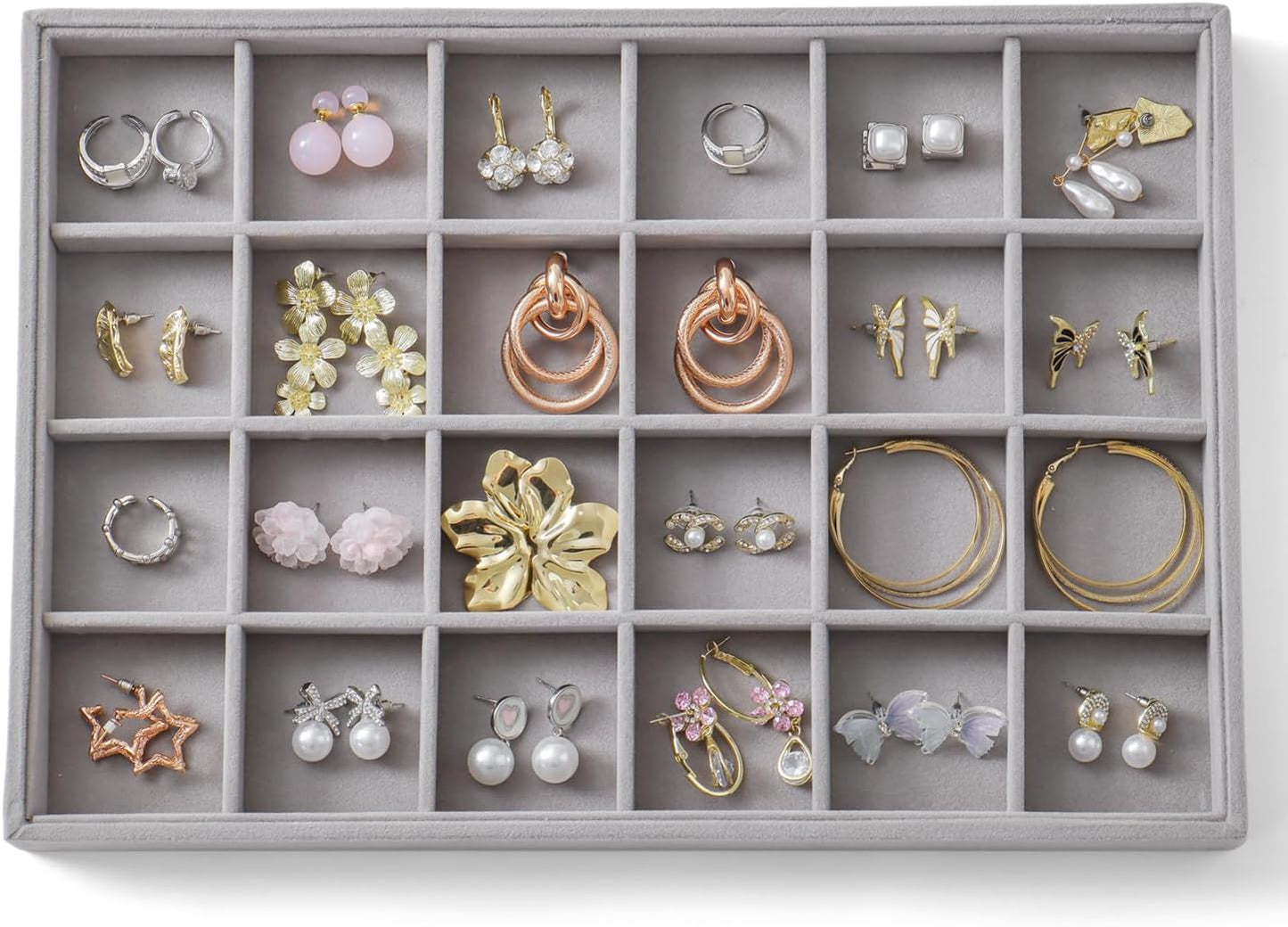Large Jewelry Organizer for Drawer Insert Velvet Stackable Jewelry Trays for Earring Necklace Bracelet Ring Display (Gray, 24 Grids)