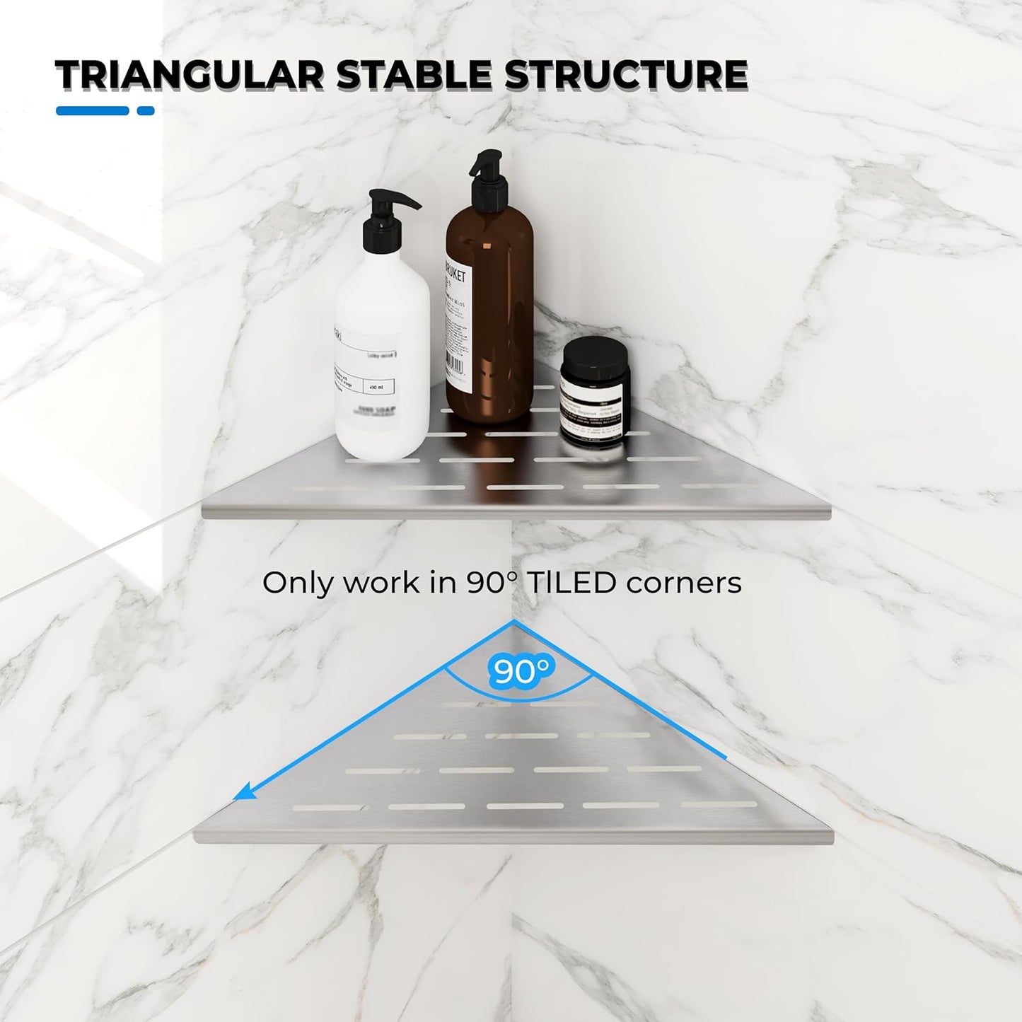 FerdY 2-Pack 10" Brushed Nickel Recessed Corner Shower Shelf, for Tiled Bathroom Walls, 304 Stainless Steel Floating Shelf, Shower Caddy Storage Shelves, No Drilling Required, Striped Triangle