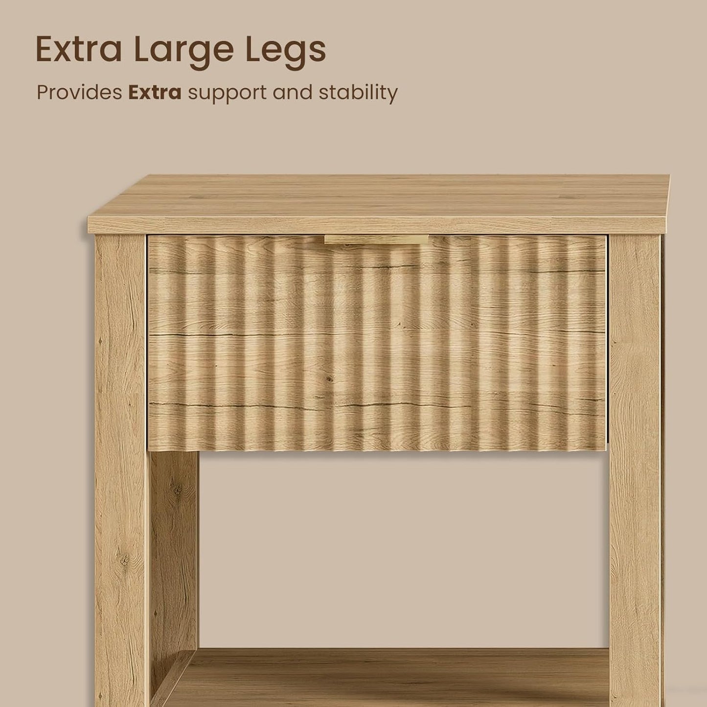 Fluted Night Stand with Golden Handle,Mid-Century Nightstands with Drawer,Modern Bedside Table with Storage Shelf,Large End Tables for Livingroom,Bed Side Tables for Bedroom,Natural Oak