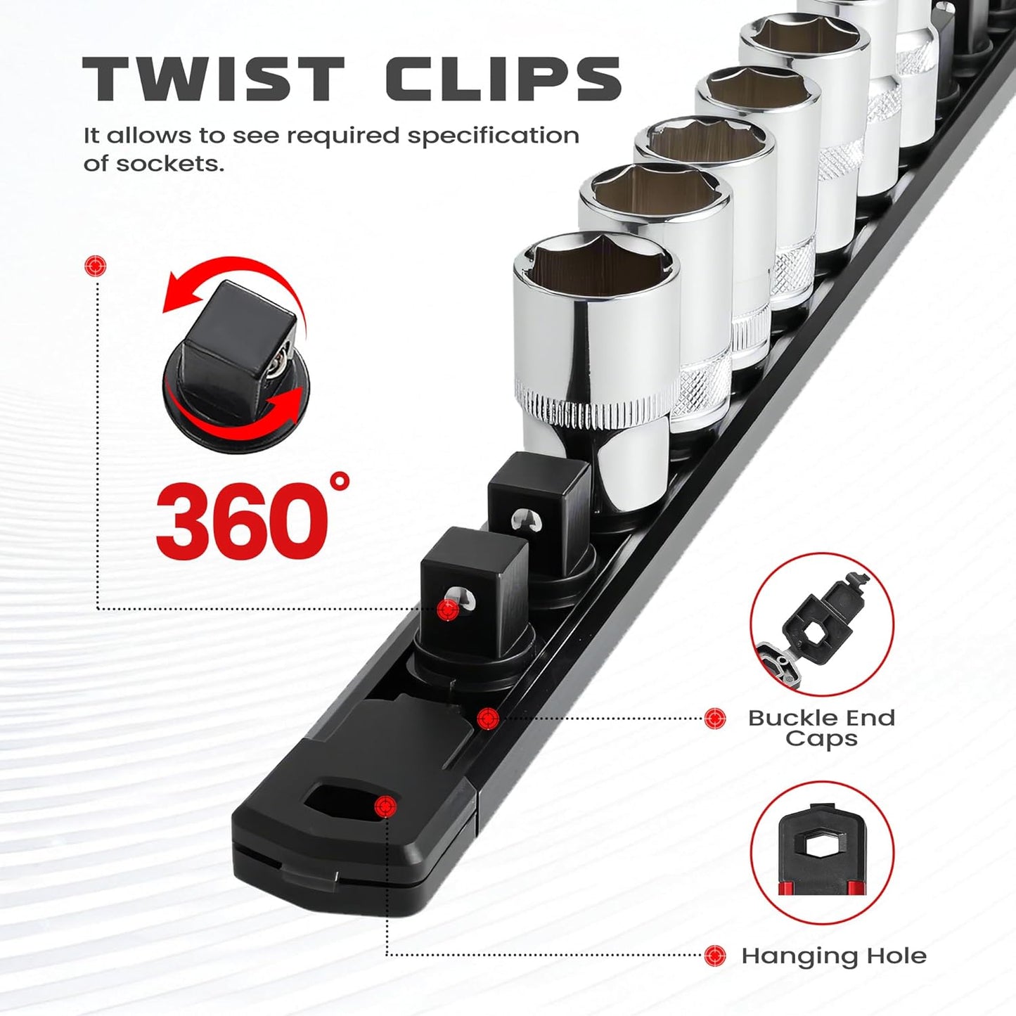 ALOANES 1/4-Inch Drive Magnetic Socket Organizer, Heavy Duty Aluminum Socket Rail Organizer, 360° Swivel Clips Socket Holder Kit for Tool Box, 1/4-Inch Socket Holder x 14 Clips (Black)