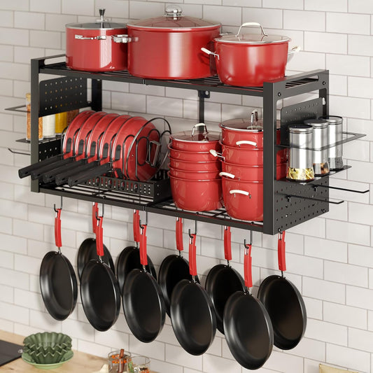 31 Inch Pot Rack Wall Mounted, 2-Tier Pots and Pans Hanging Organizer with 20 Hooks & Pan Organizer and Spice Rack, Heavy Duty Hanging Pot Hanger for Kitchen Cookware, Utensils, Black